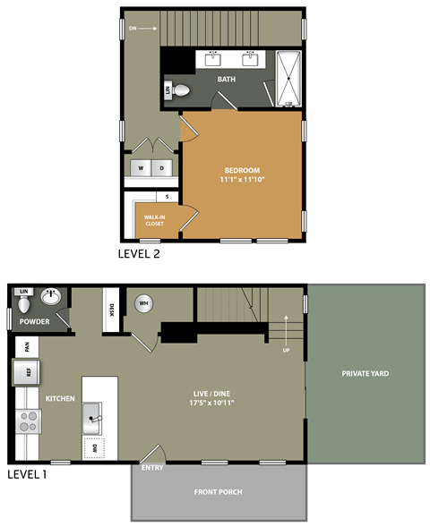 Floor plan for 1 bed, 1.5 baths, 824 sqft